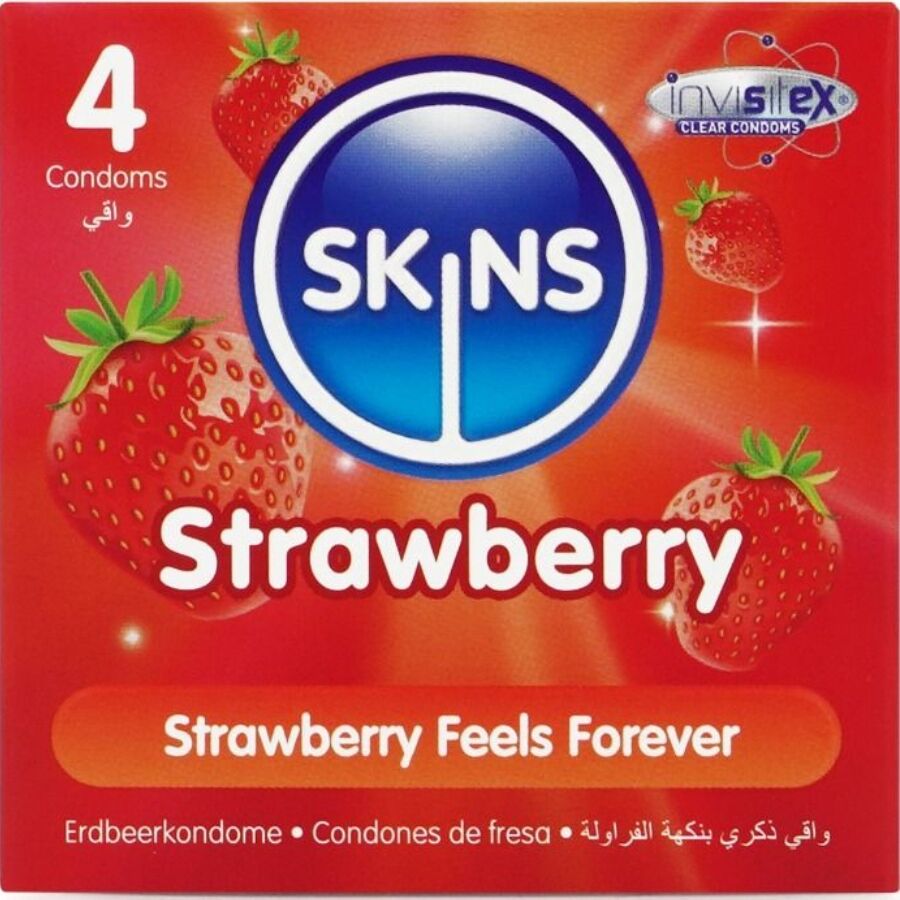SKINS Strawberry Premium Condoms Pack 4 - Preservativos con Sabor a Fresa
