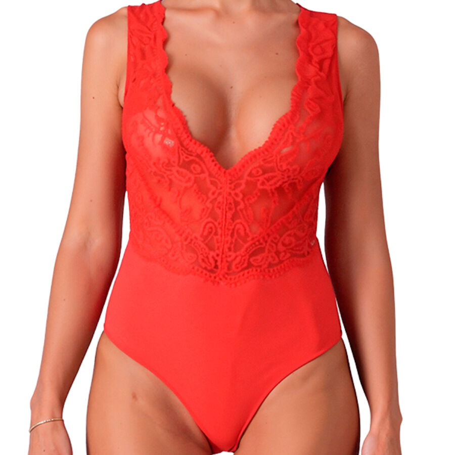 Passion Evalie Body Red L/XL - Teddy Sensual en Tul y Guipur