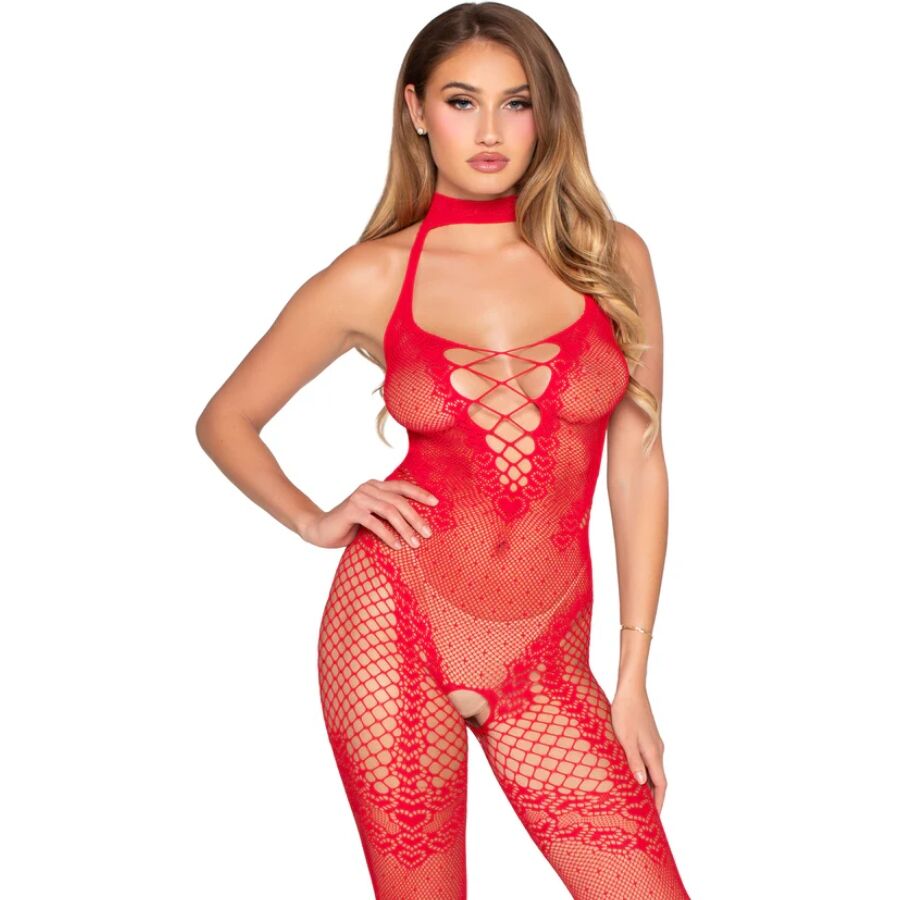 Leg Avenue Bodystocking Crotchless Red - Medias de Nylon Premium One Size