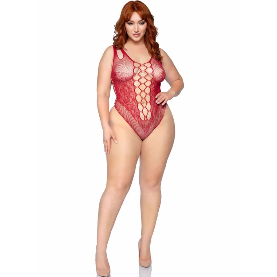 Leg Avenue Dangerous Curves Plus Bodysuit Burgundy 1X/2X - Teddy de Encaje y Red