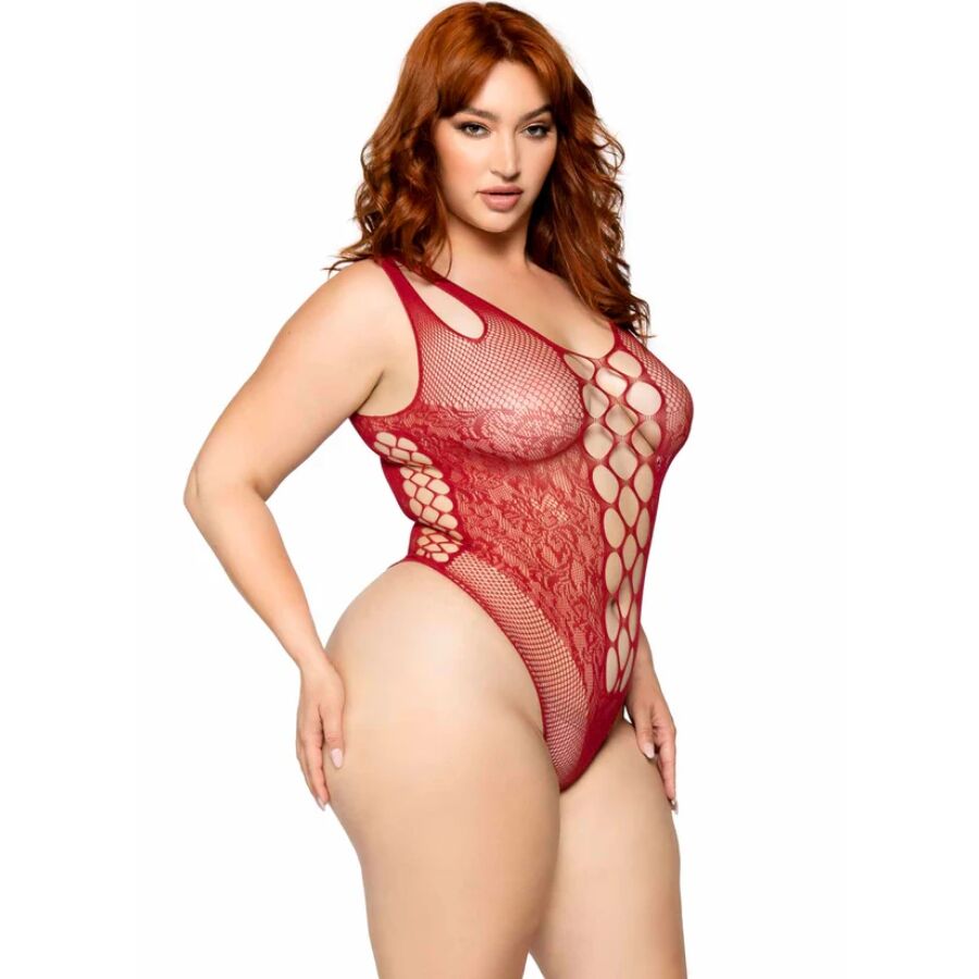 Leg Avenue Dangerous Curves Plus Bodysuit Burgundy 1X/2X - Teddy de Encaje y Red