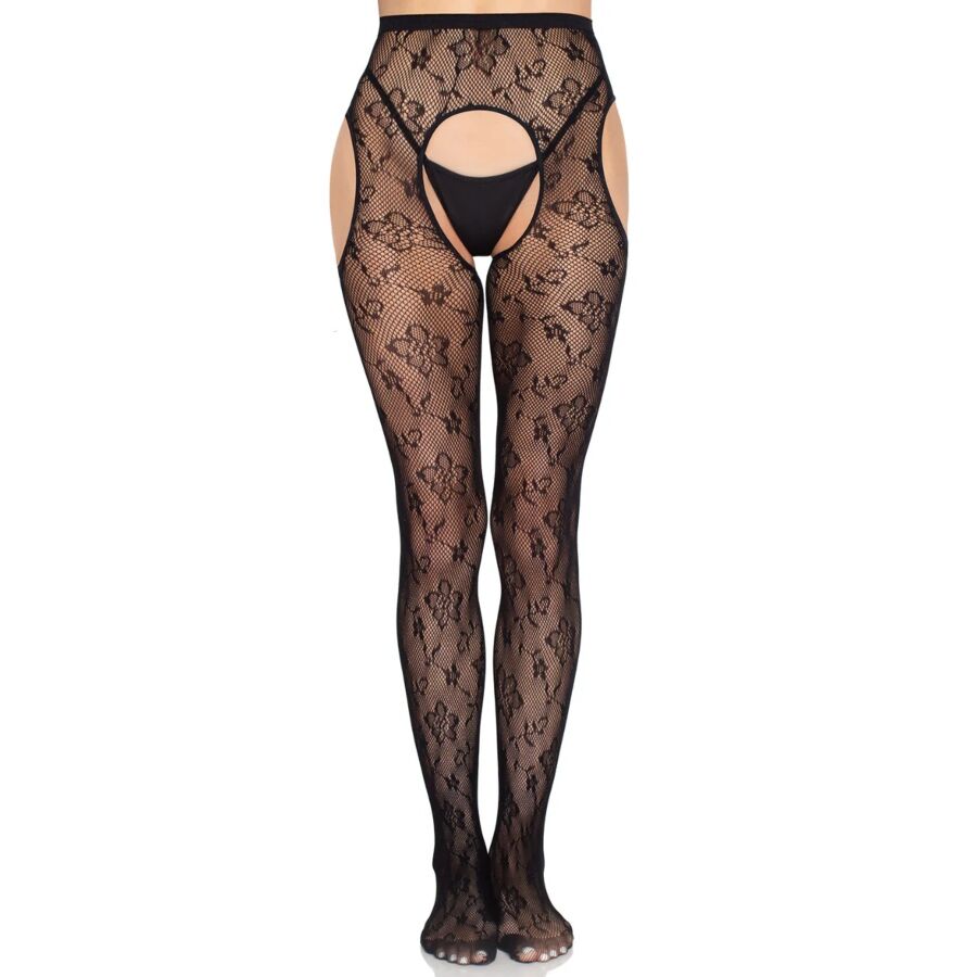 Leg Avenue 1967 Bloom Net Suspender Tights Black - Medias de Red con Liguero
