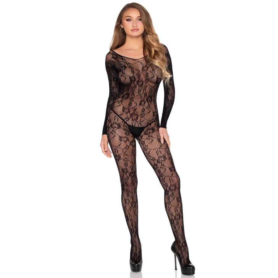 Leg Avenue Bodystocking de Encaje Negro - Diseño Liguero Transparente