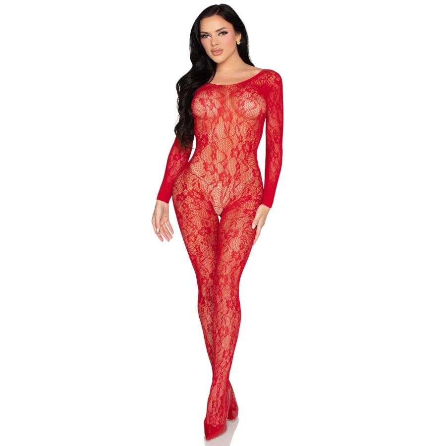 Leg Avenue Bodystocking Encaje Rojo Talla Única - Lencería Sexy