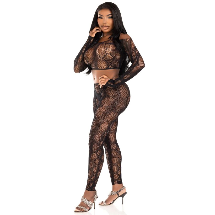Leg Avenue Python Crop Top & Footless Tights - Conjunto Negro One Size