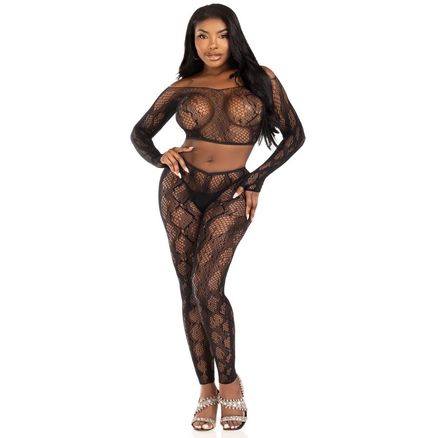 Leg Avenue Python Crop Top & Footless Tights - Conjunto Negro One Size