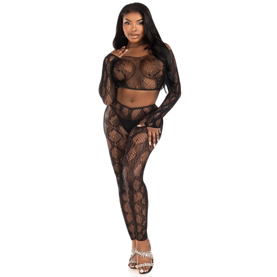 Leg Avenue Python Crop Top & Footless Tights - Conjunto Negro One Size