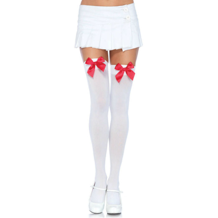 Leg Avenue Medias Muslo Nylon 70D Blanco y Rojo con Lazo