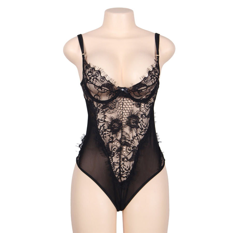 Subblime Queen Plus Teddy de Encaje Floral y Flecos Negro