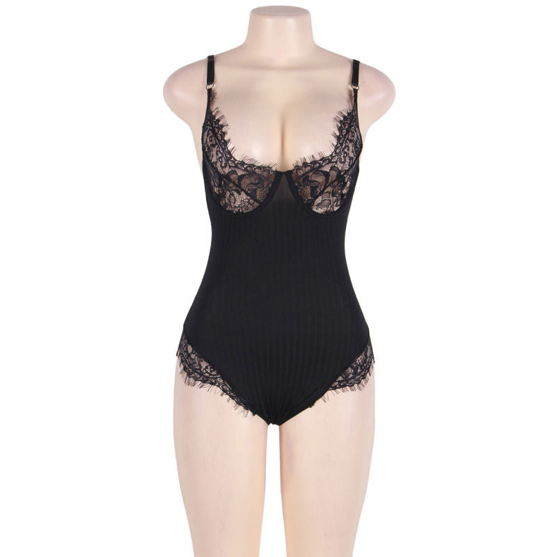 Subblime Queen Plus Teddy Negro con Collar y Ligas - Bordados Florales