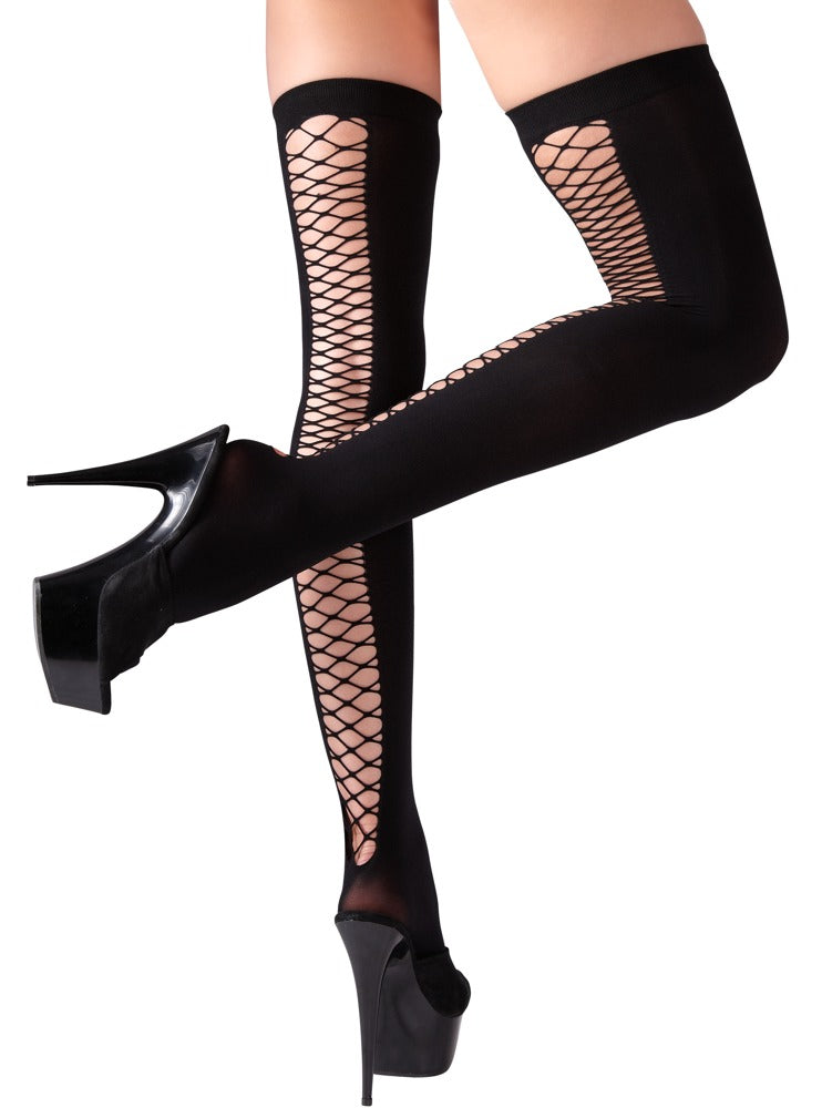 Medias Altas Negras Cottelli Legwear - Diseño Net con Cordaje S/M