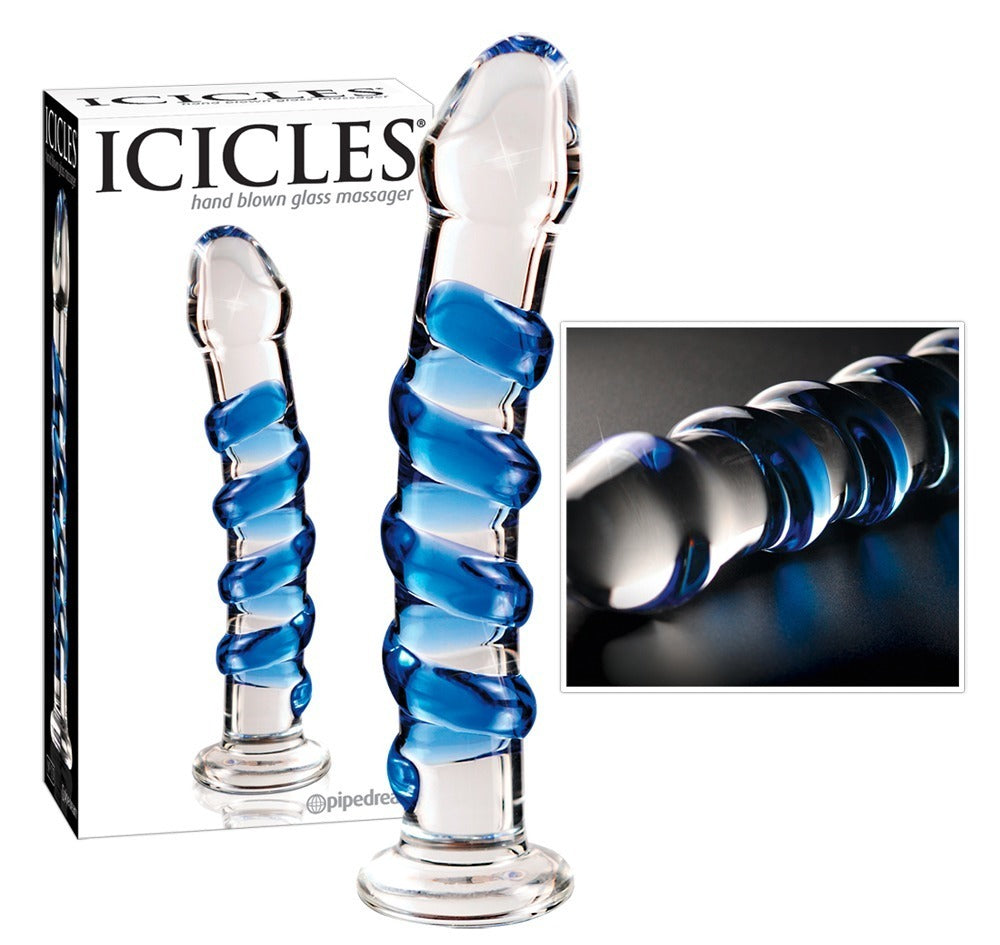 Icicles No. 5 - Consolador de Vidrio Transparente con Espiral Azul