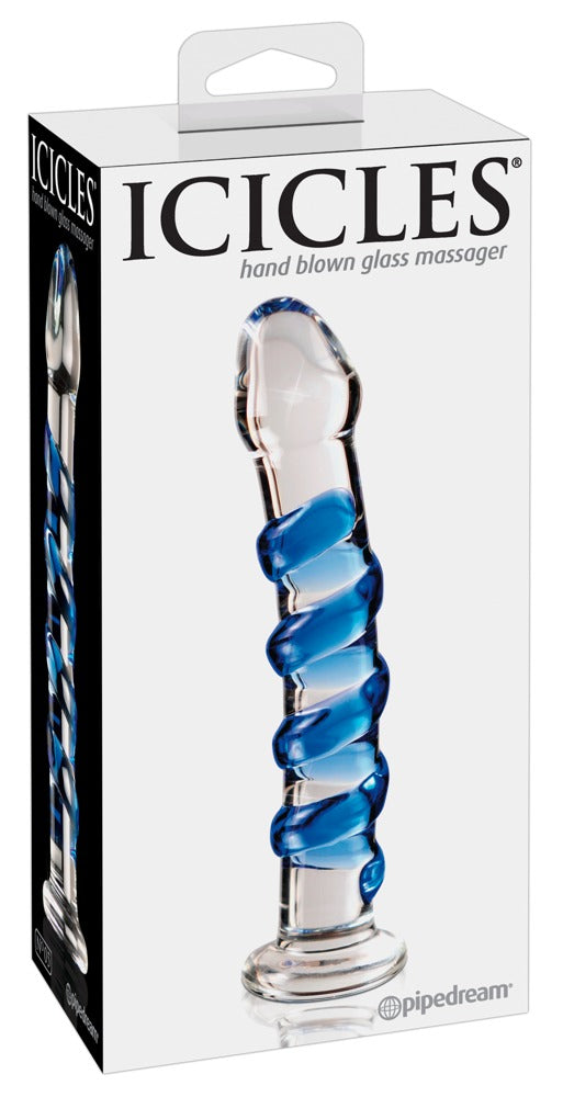 Icicles No. 5 - Consolador de Vidrio Transparente con Espiral Azul