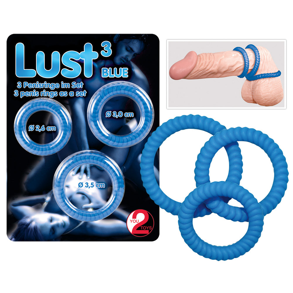 Lust 3 Cock Rings Blue - Set de 3 Anillos de Silicona