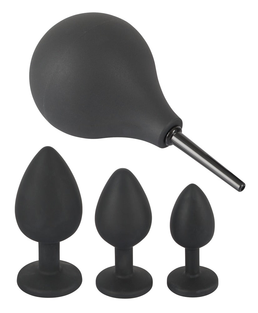 Black Velvets Anal Kit - Set 4 Piezas con Ducha y Plugs Decorados