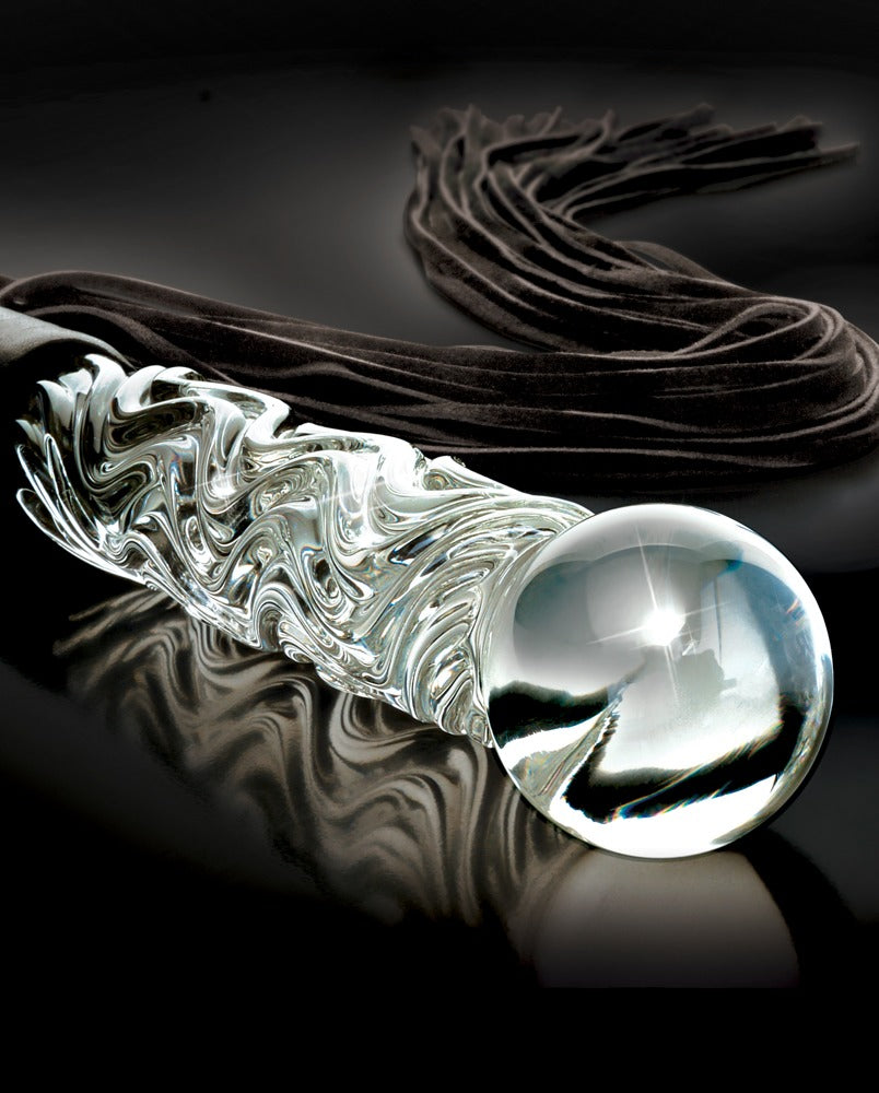 Icicles No. 38 Clear/Blue - Masajeador de Cristal con Cola de Cuero
