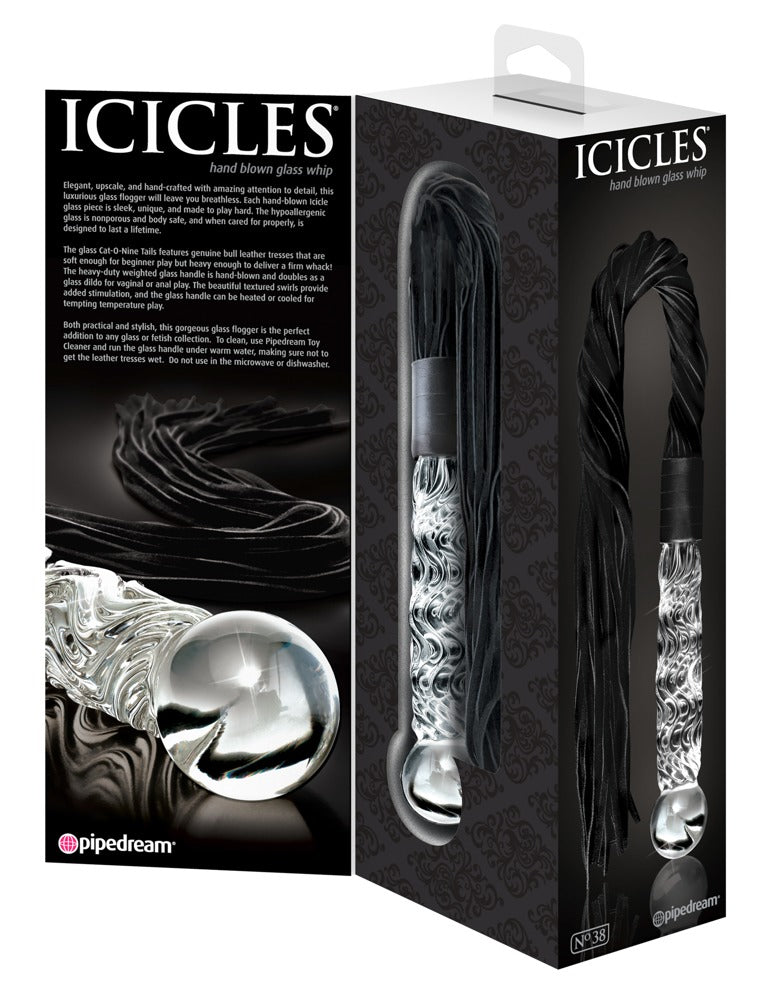 Icicles No. 38 Clear/Blue - Masajeador de Cristal con Cola de Cuero