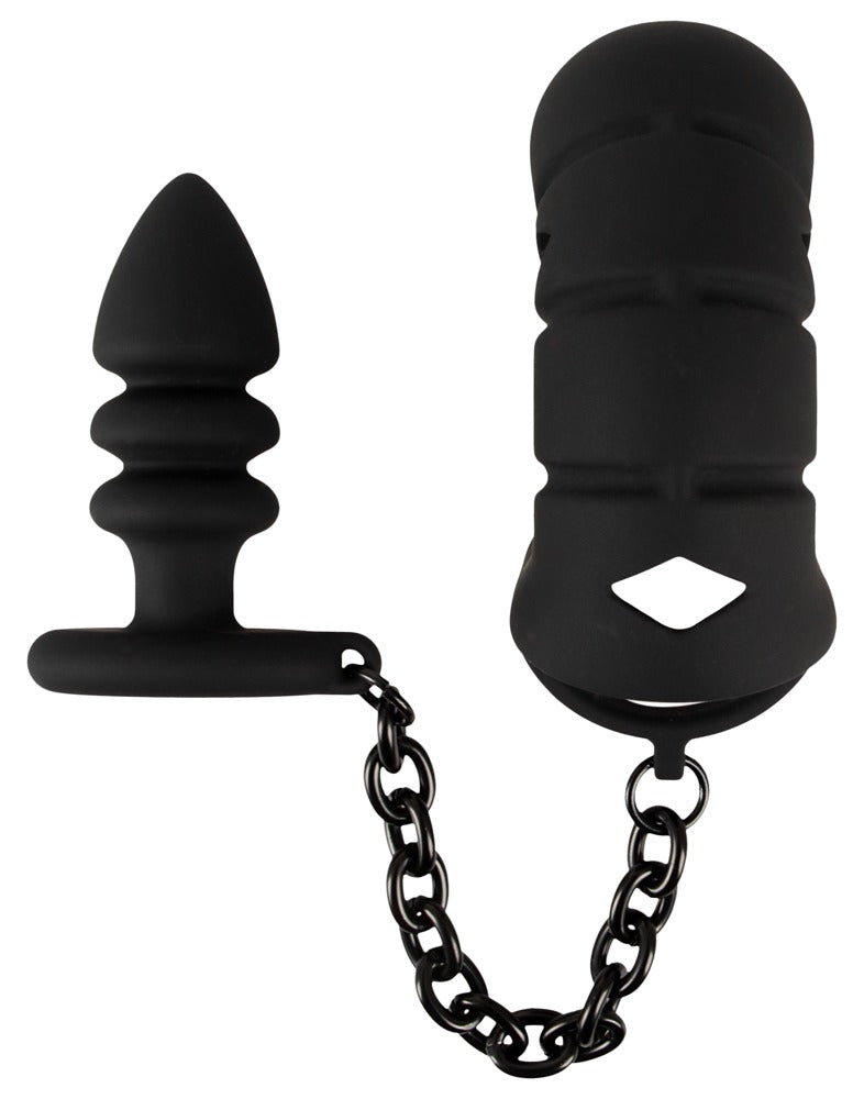 Black Velvets Cock Cage con Butt Plug - Jaula de Pene y Anillo Testicular