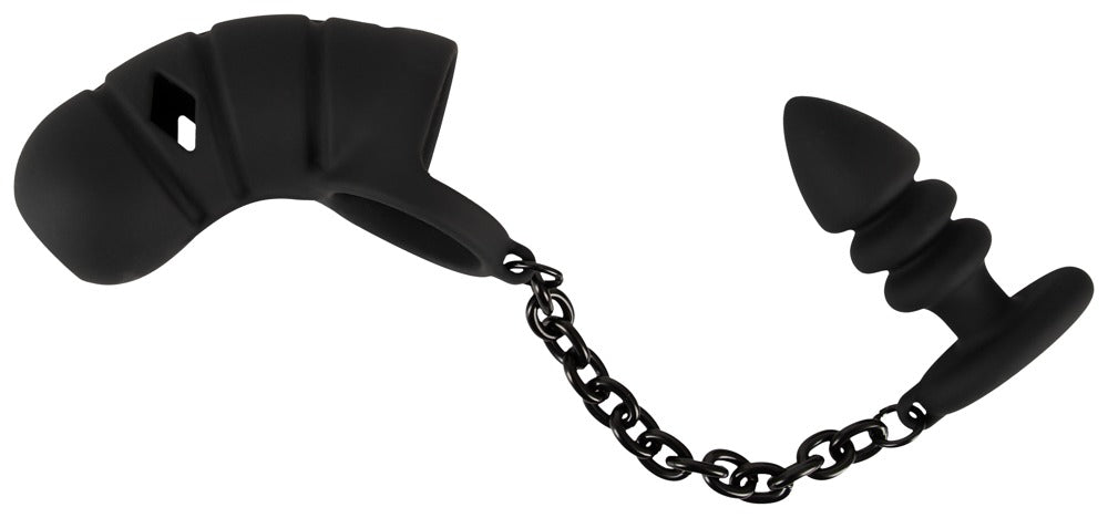 Black Velvets Cock Cage con Butt Plug - Jaula de Pene y Anillo Testicular