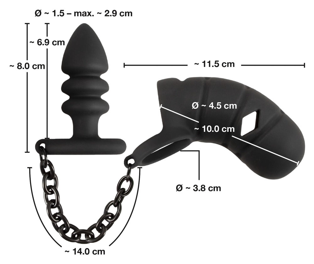 Black Velvets Cock Cage con Butt Plug - Jaula de Pene y Anillo Testicular