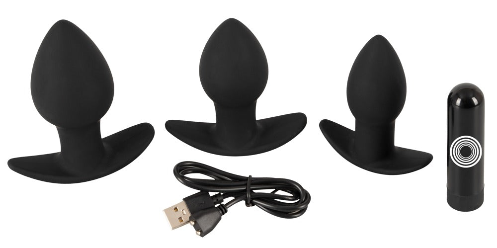 Set de 3 Plugs Anales Black Velvets con Vibrobullet
