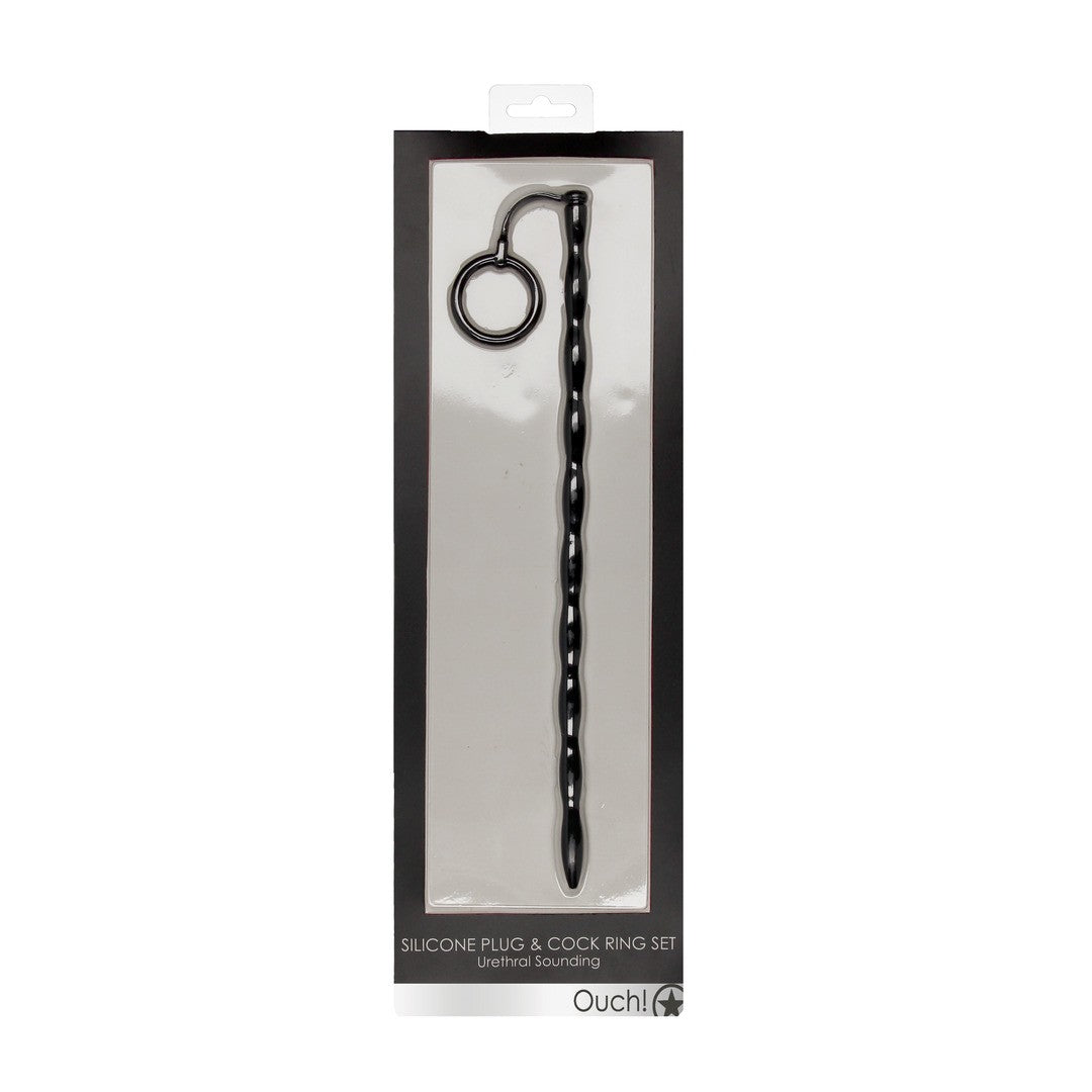 CONJUNTO DE SONDA DE URETRA CON ANILLO PARA EL PENE EN SILICONA NEGRO OUCH!