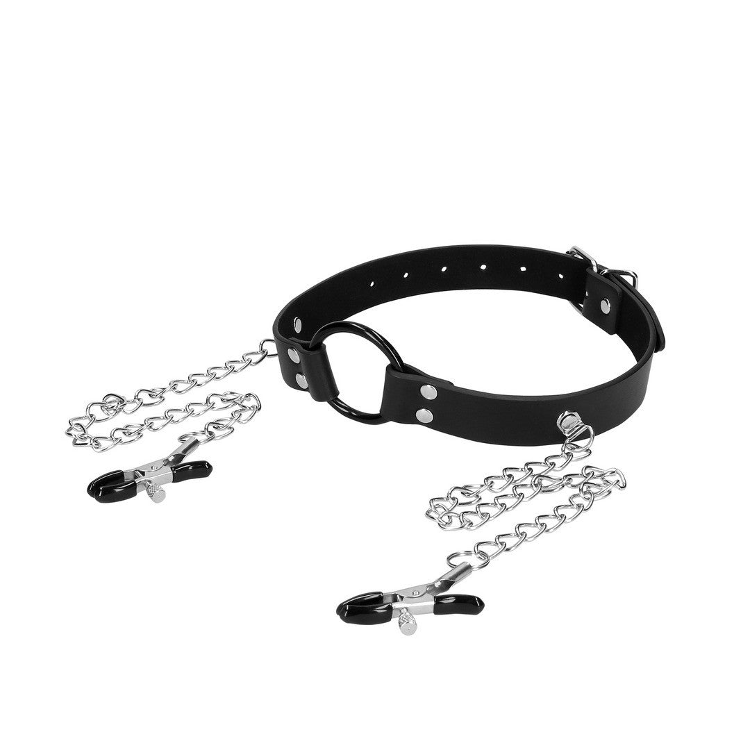 MORDAZA DE ANILLO CON PINZAS PARA PEZONES NEGRO OUCH!
