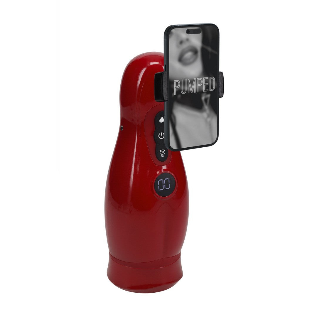 MASTURBADOR VIBRATORIO CON SUCCIÓN Y SOPORTE PARA TELÉFONO VIRTUO METALLIC RED PUMPED