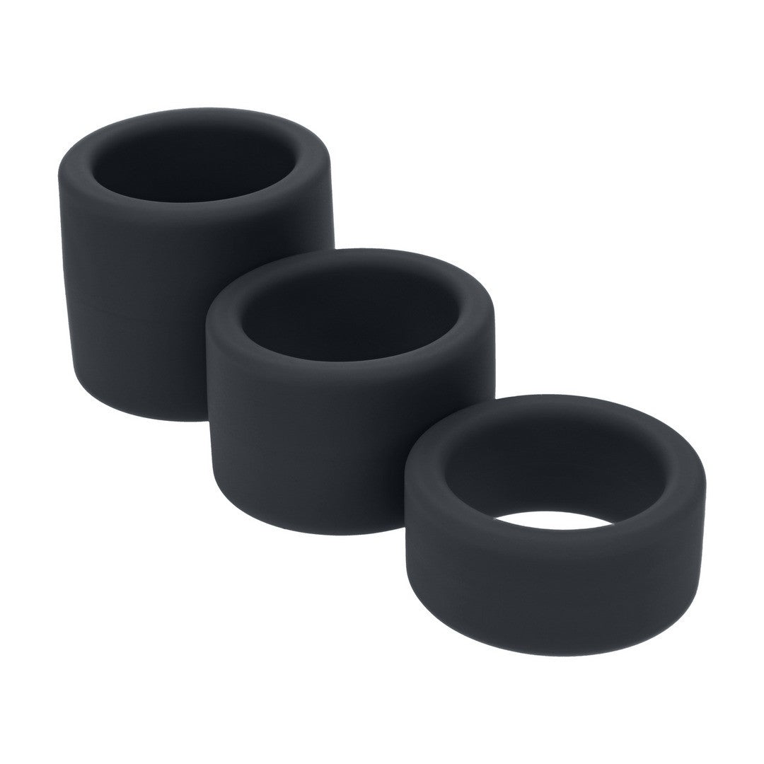 CONJUNTO DE 3 EXTENSORES PARA TESTÍCULOS EN SILICONA LÍQUIDA S/M/L NEGRO LEVELZ