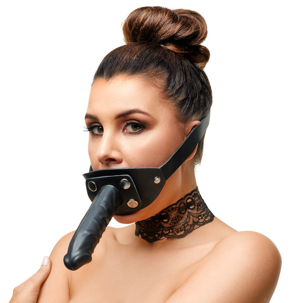Mordaza Pene Cuero Zado con Consolador Extraíble