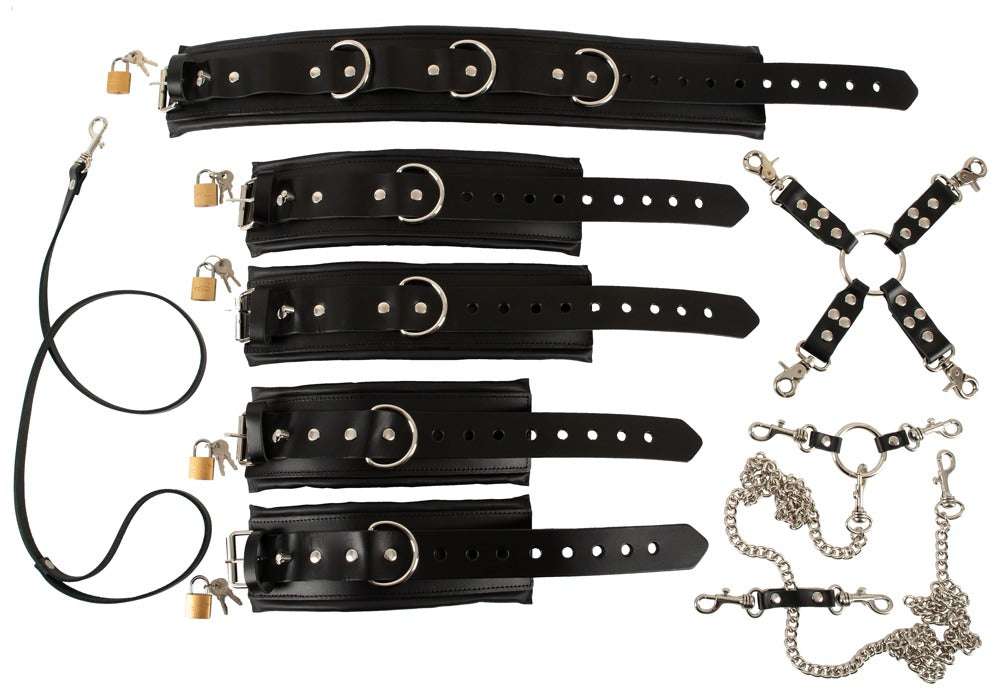 Padded Leather Restraint Set ZADO - Juego Bondage Profesional con Collar, Esposas y Cadena