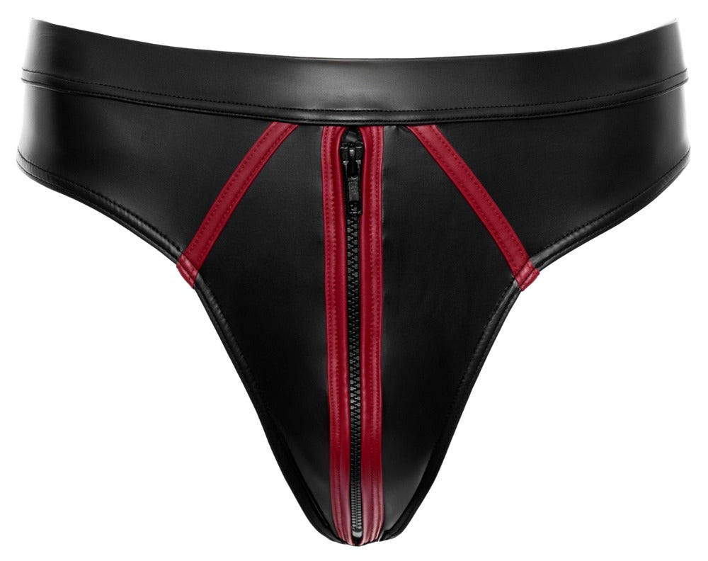 Tanga Svenjoyment Wet Look Negro con Rayas Rojas M
