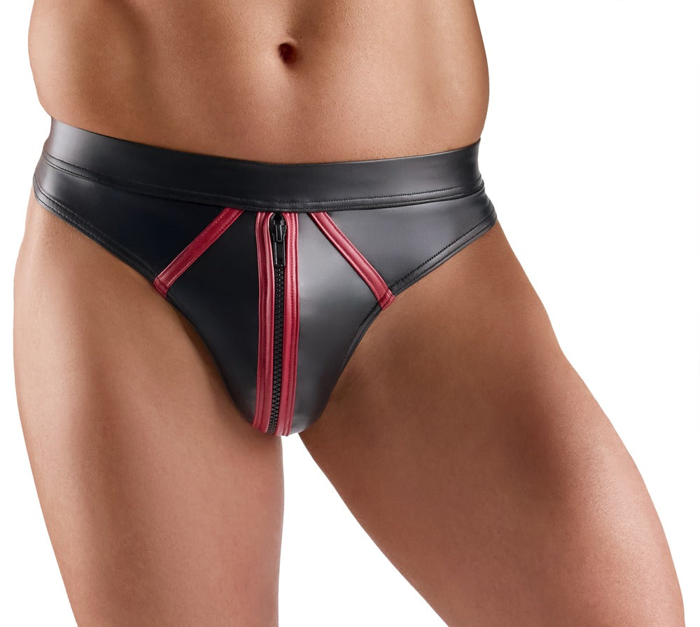 M. Thong 2XL Svenjoyment - Tanga Wet Look Negro con Rayas Rojas