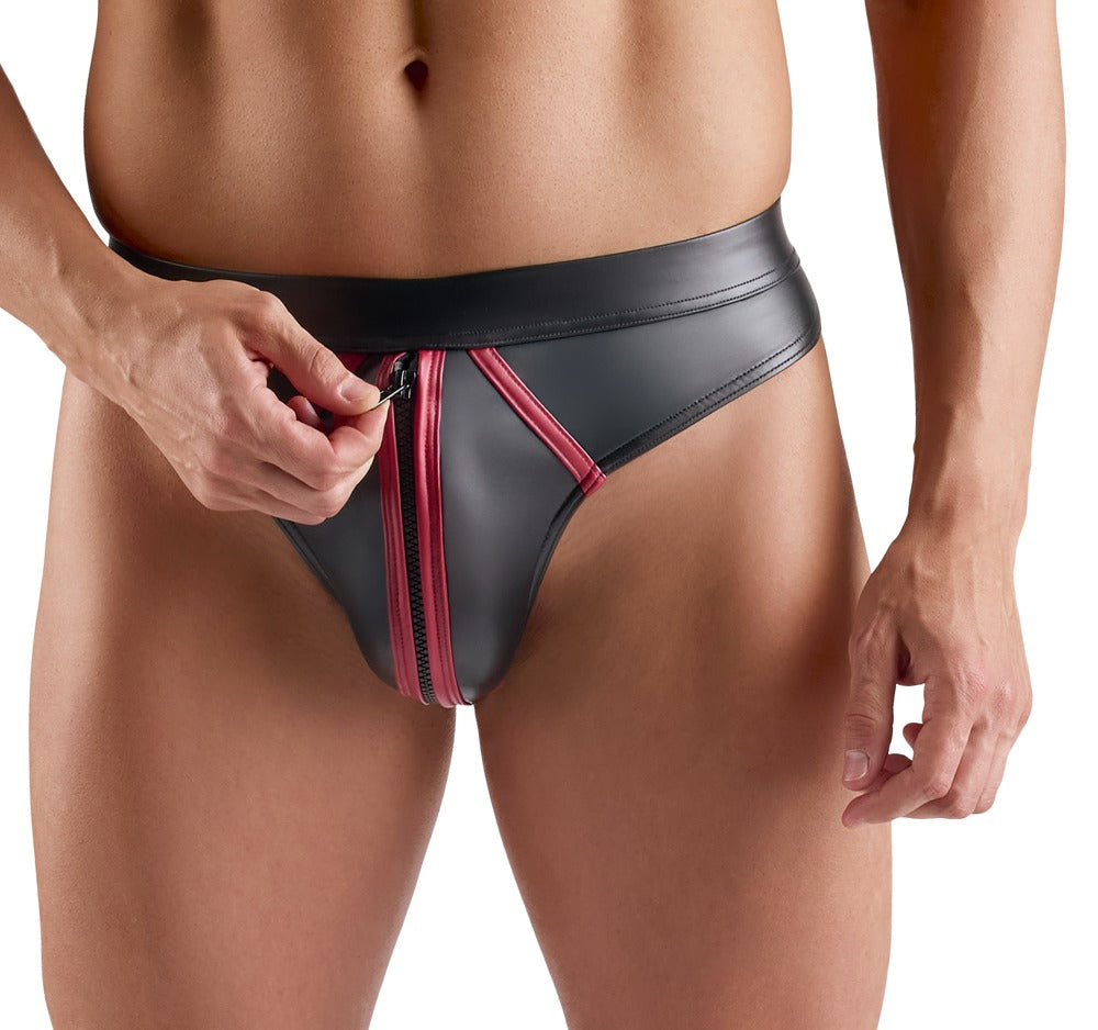 M. Thong XL Svenjoyment - Tanga Wet Look Negro con Rayas Rojas