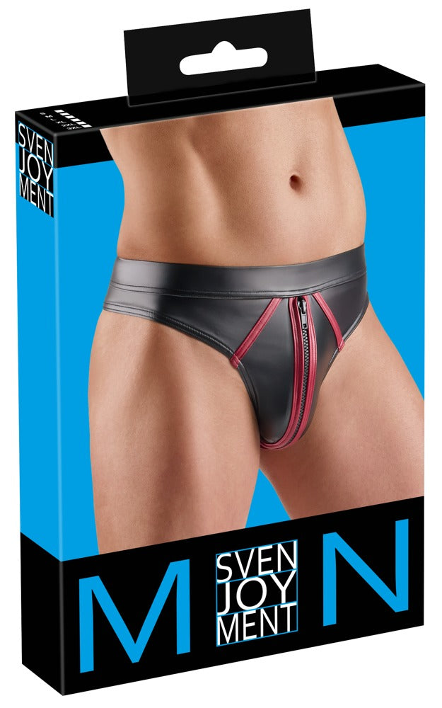 Tanga Svenjoyment Wet Look Negro con Rayas Rojas M