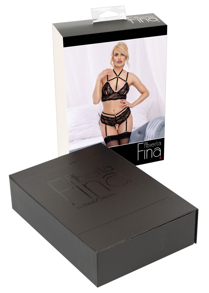 Bra Set Black XL Abierta Fina - Conjunto Bralette Ouvert con Encaje y Terciopelo