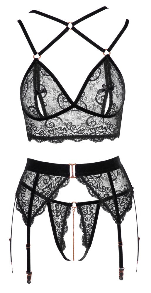 Bra Set XL Abierta Fina - Encaje Negro con Detalles Oro Rosa
