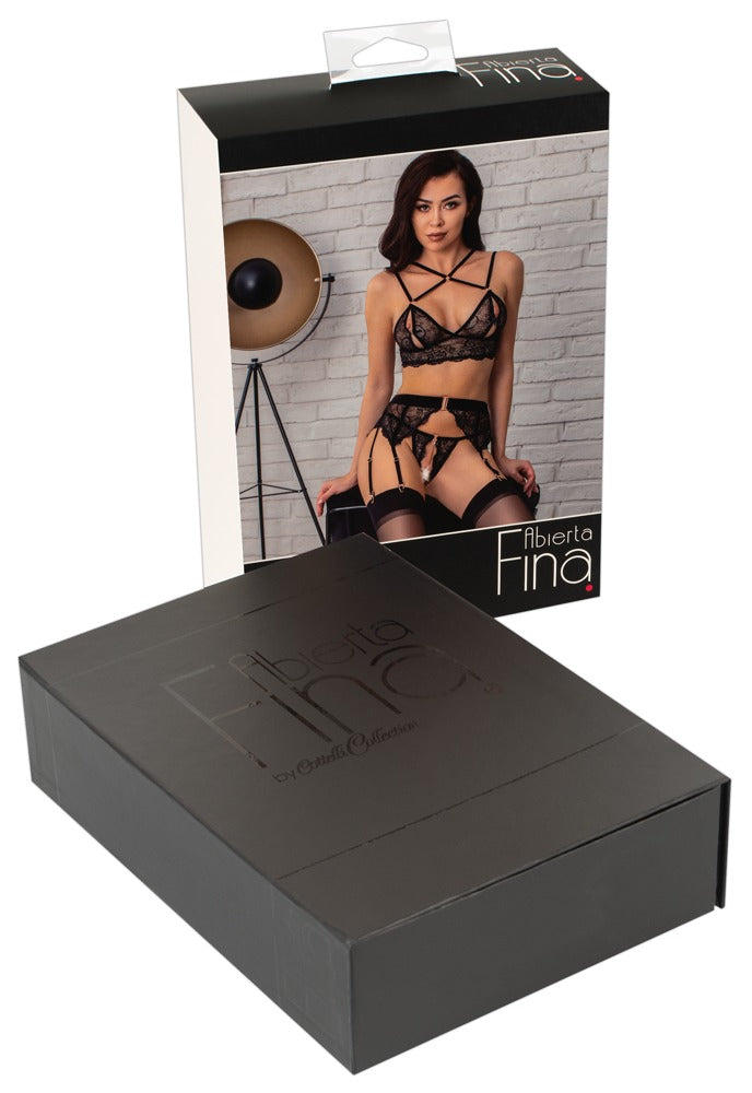 Bra Set XL Abierta Fina - Encaje Negro con Detalles Oro Rosa