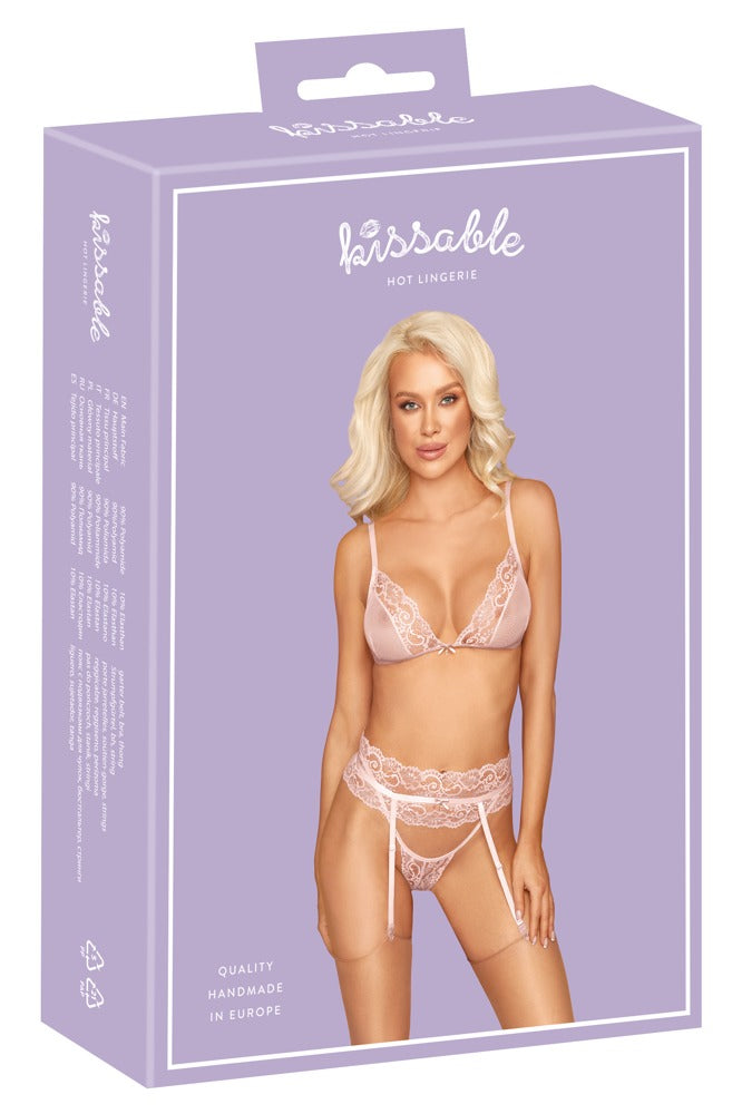 Set Suspender Kissable L/XL Rosa - Sujetador, Cinturón y Tanga