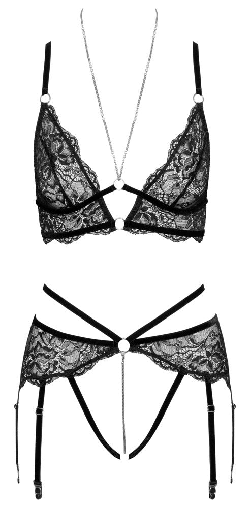 Conjunto Lencería Abierta Fina Talla L - Bralette y Tanga Suspender Encaje Negro