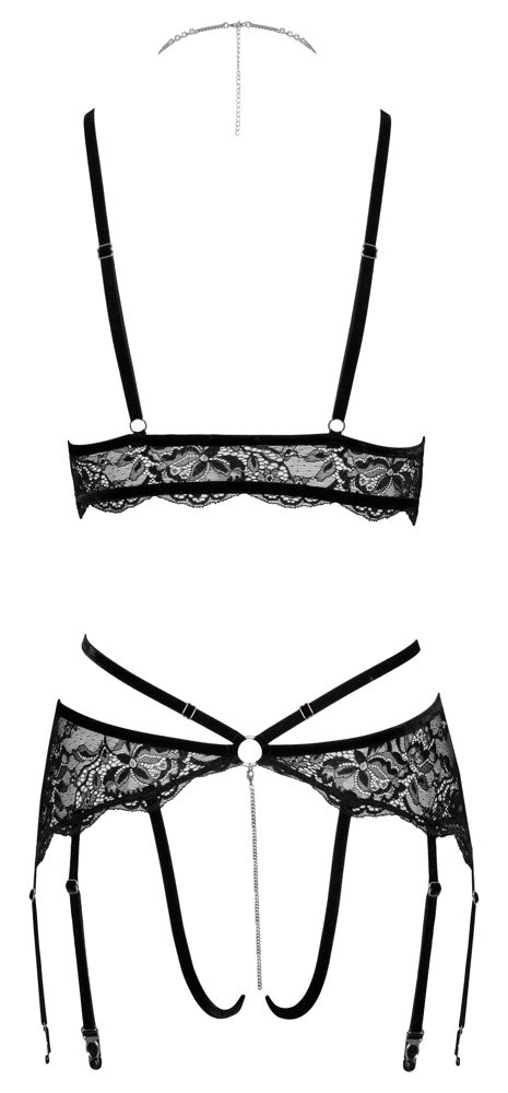Bra Set Lace XL Abierta Fina - Conjunto Encaje Negro con Detalles en Cadena