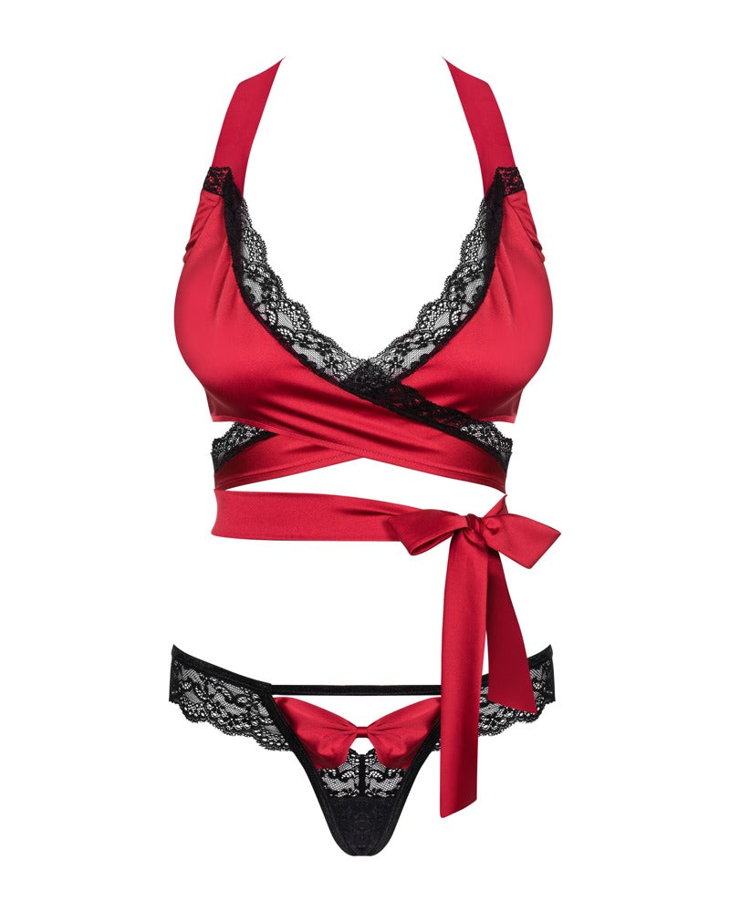 Conjunto Lencería Obsessive OBS Set 2XL - Satén Rojo y Encaje Negro