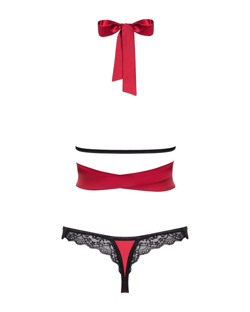 Conjunto Lencería Obsessive OBS Set 2XL - Satén Rojo y Encaje Negro