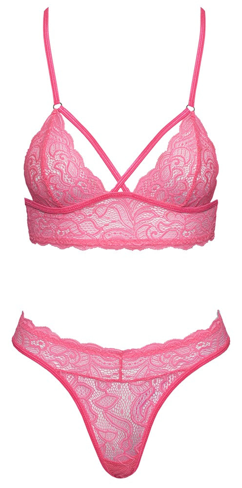 Bra Set Fantasy L/XL - Conjunto de Lencería en Encaje Rosa Neón