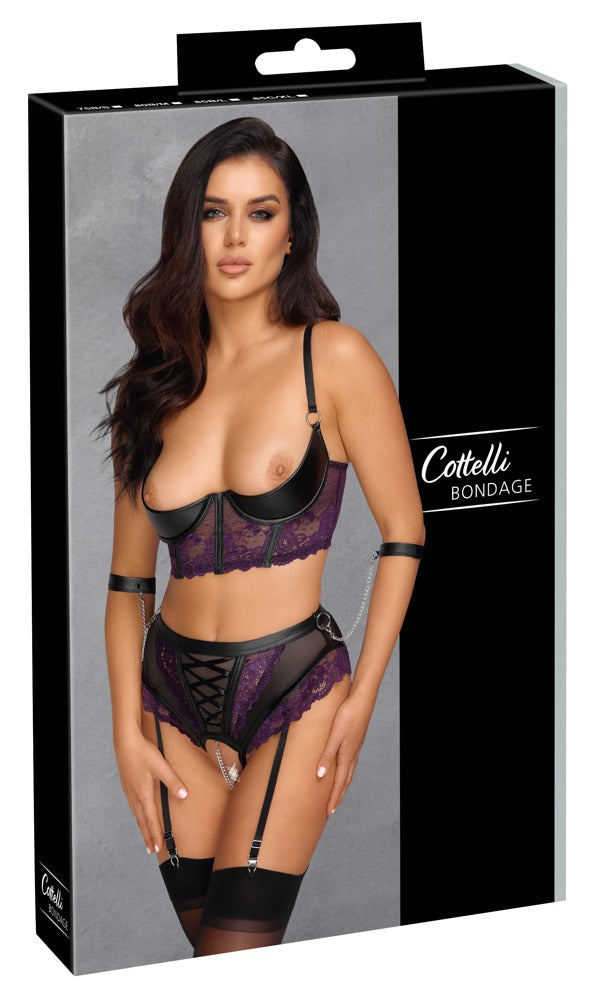 Quarter Cup Bondage 85B/L - Sujetador Longline con Braguita y Esposas