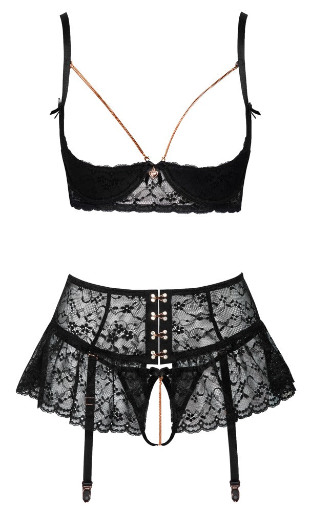 Suspender Shelf Bra Set 85C/L Abierta Fina - Encaje Negro con Detalles Oro Rosa