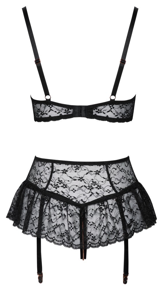 Suspender Shelf Bra Set 80C/M Abierta Fina - Encaje Negro y Oro Rosa