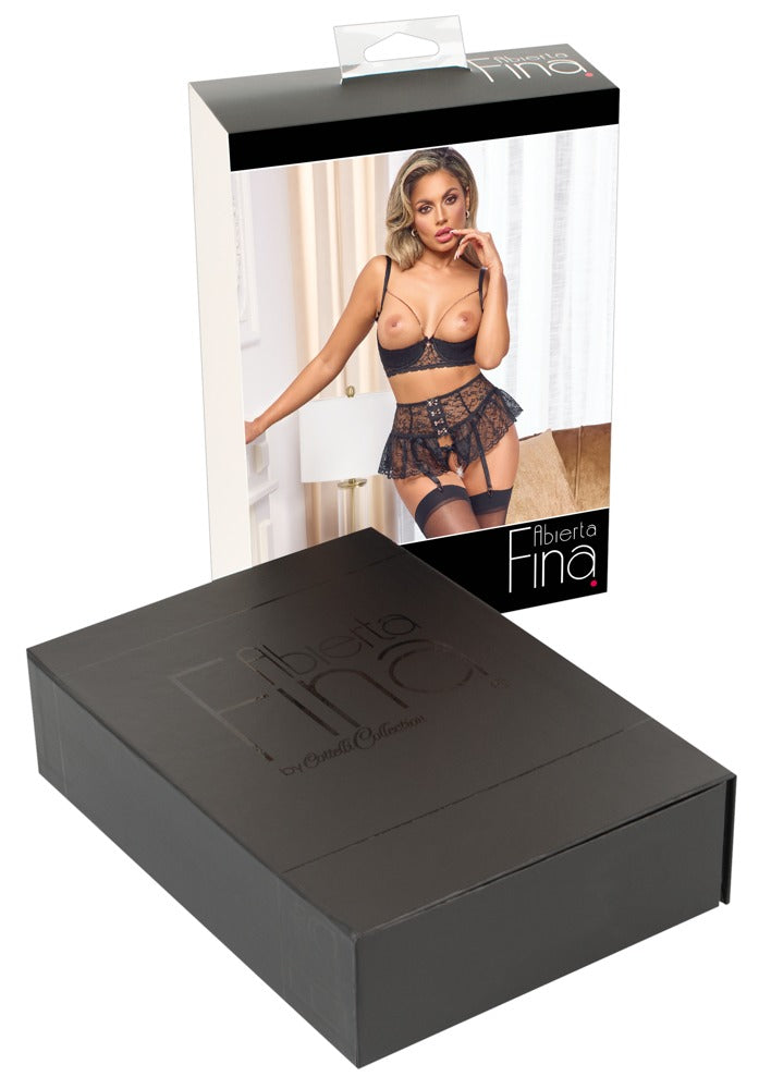 Set Sujetador Shelf Bra Abierta Fina 75B - Encaje Negro con Detalles Oro Rosa
