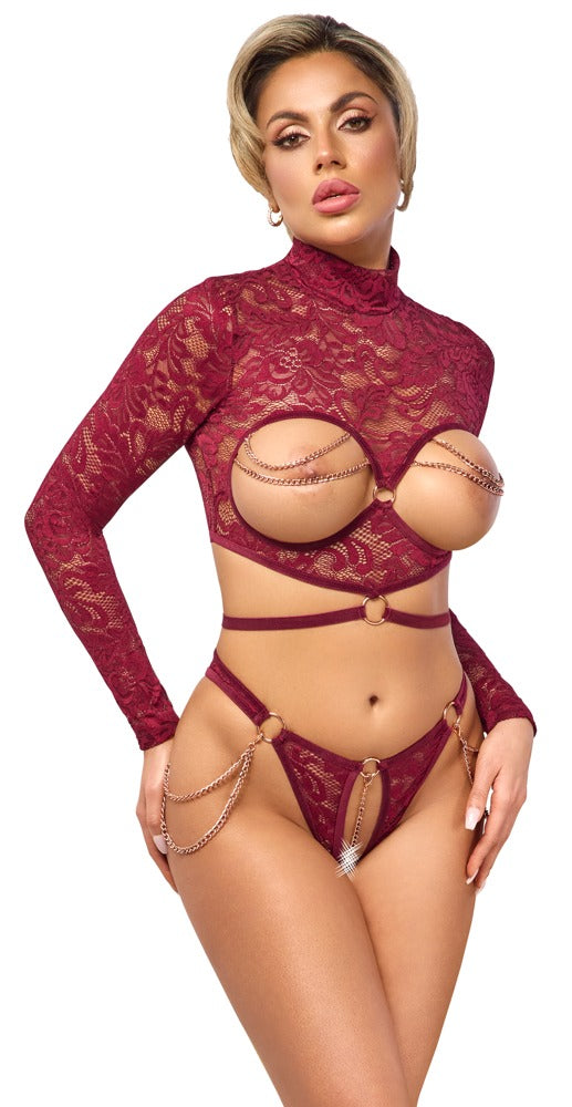 Set Erótico Open Top y Tanga Rojo XL - Encaje y Terciopelo