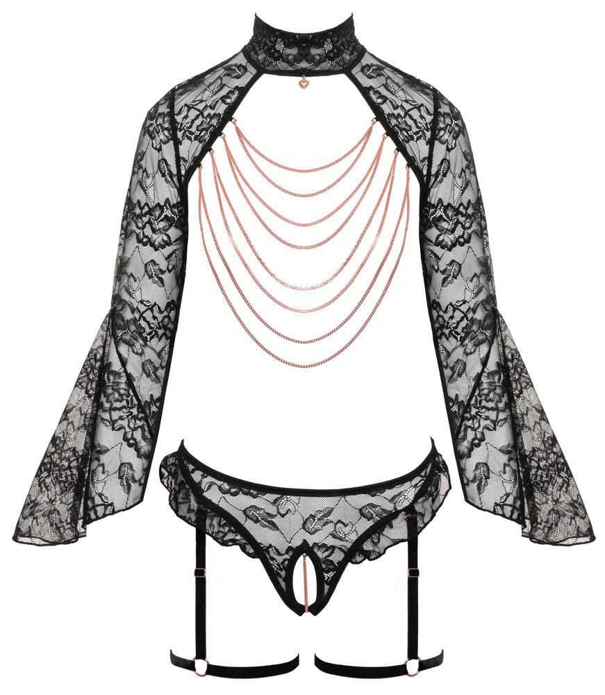 Top Open Cup M Abierta Fina - Conjunto Encaje Floral Negro